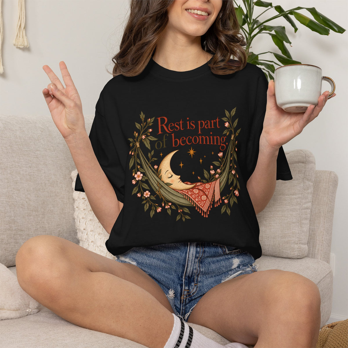 Rest Is Part of Becoming T-Shirt — Relaxation Graphic Tee with Hammock and Floral Design