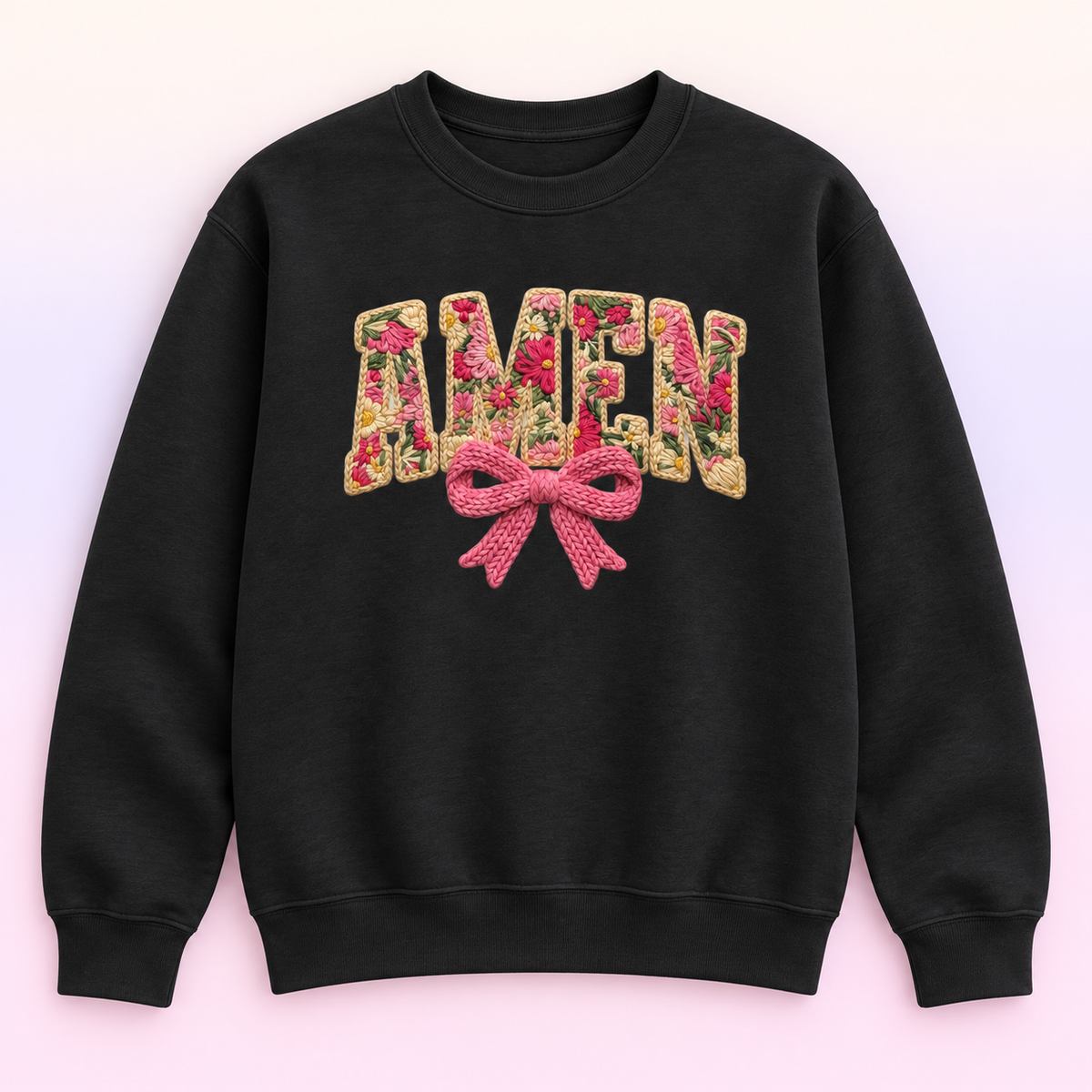 Amen Floral Bow Christian Crewneck Sweatshirt – Faux Embroidery-Style Faith Pullover