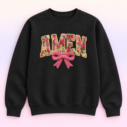 Amen Floral Bow Christian Crewneck Sweatshirt – Faux Embroidery-Style Faith Pullover