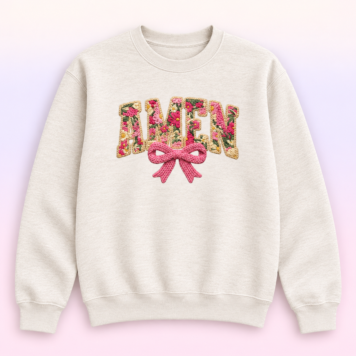 Amen Floral Bow Christian Crewneck Sweatshirt – Faux Embroidery-Style Faith Pullover