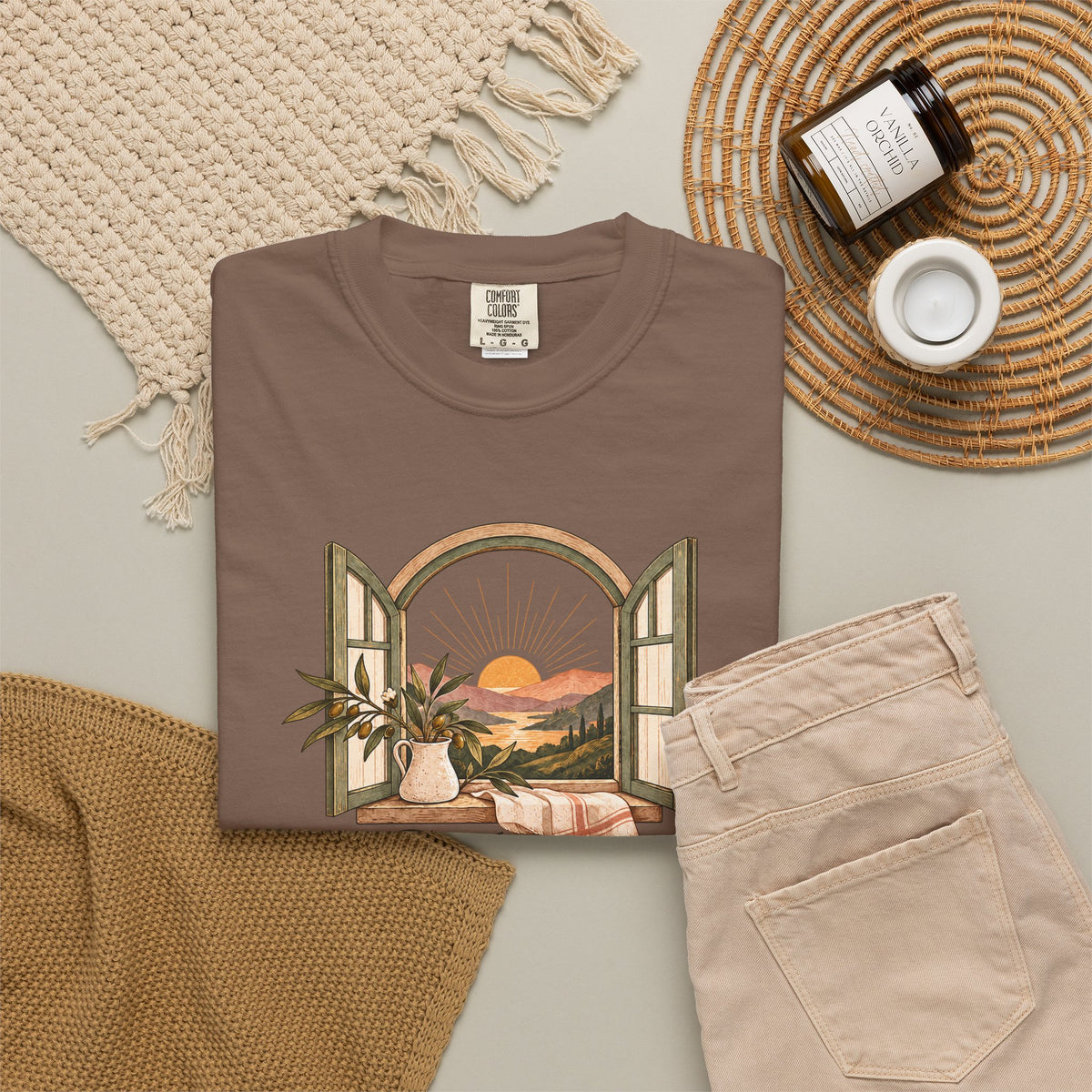 God Is in the Quiet Tee — Scenic Window Sunset Christian T-Shirt