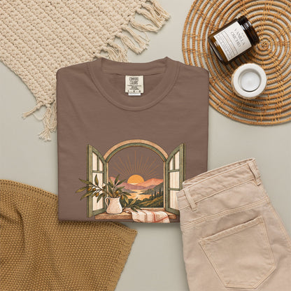 God Is in the Quiet Tee — Scenic Window Sunset Christian T-Shirt