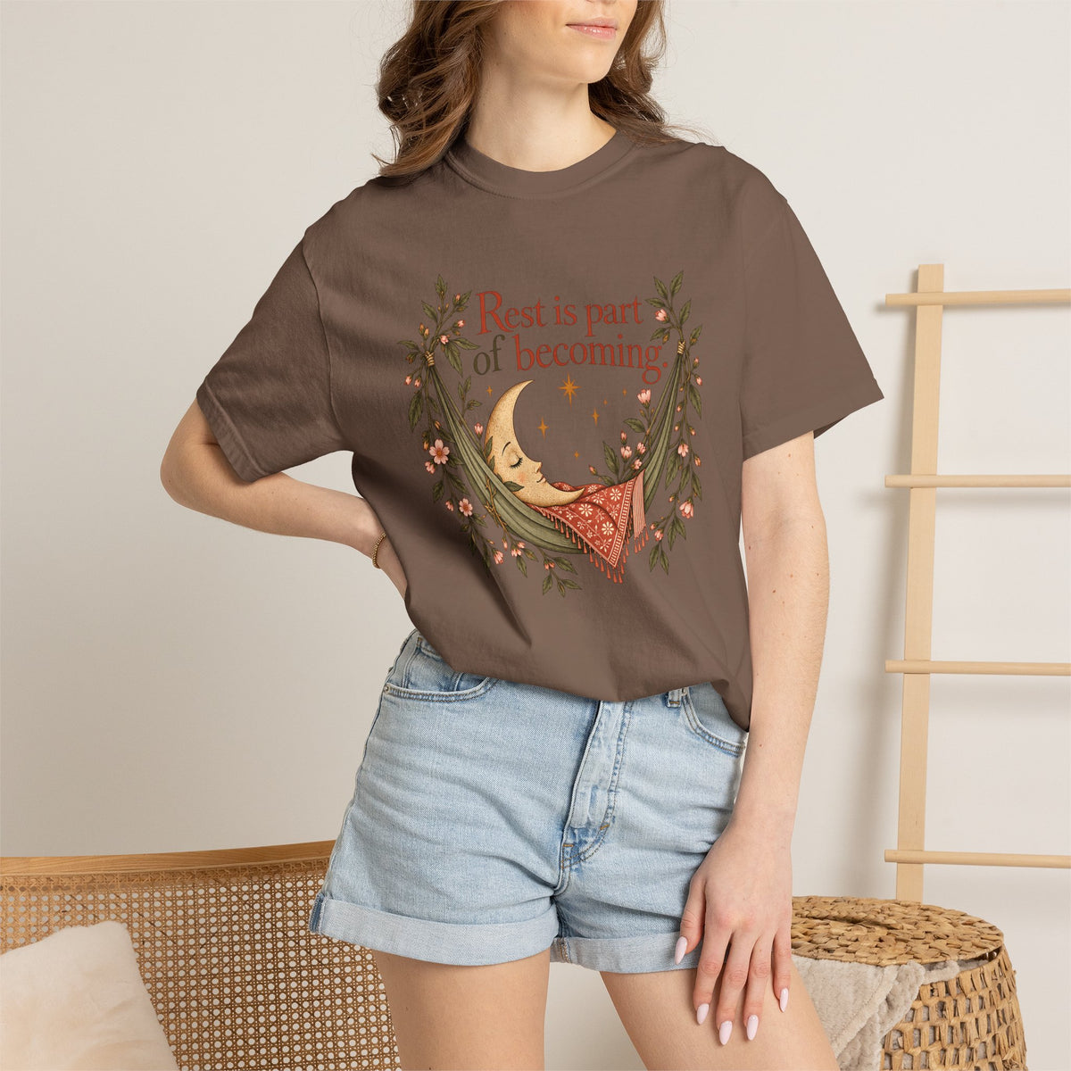 Rest Is Part of Becoming T-Shirt — Relaxation Graphic Tee with Hammock and Floral Design
