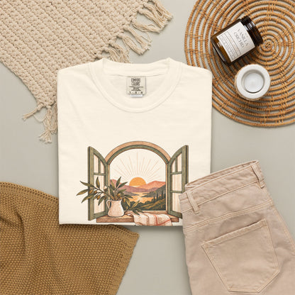 God Is in the Quiet Tee — Scenic Window Sunset Christian T-Shirt
