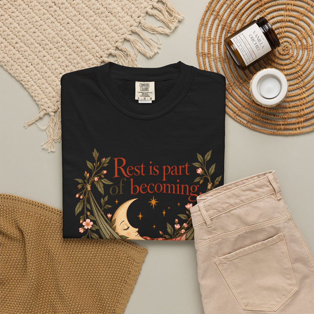 Rest Is Part of Becoming T-Shirt — Relaxation Graphic Tee with Hammock and Floral Design