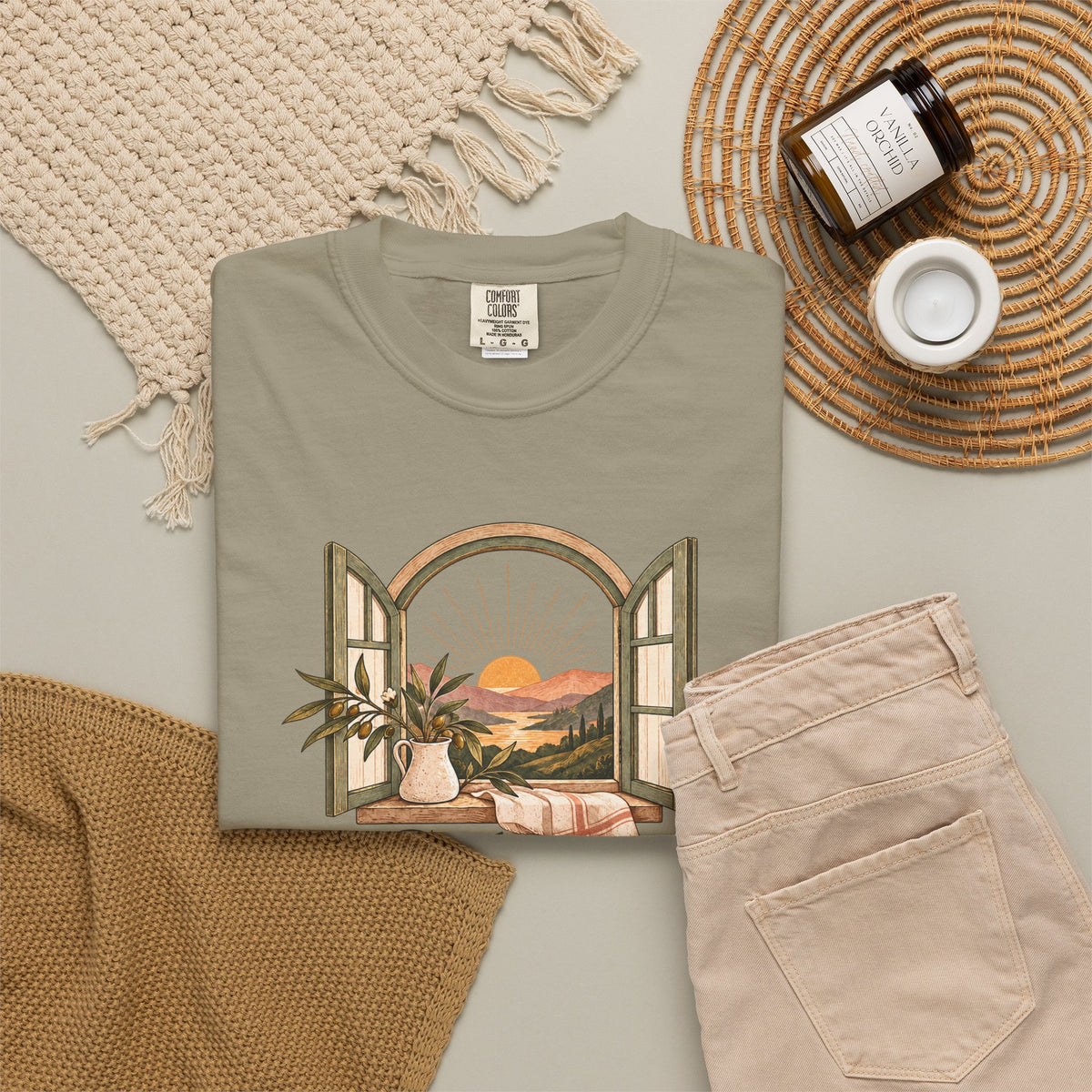 God Is in the Quiet Tee — Scenic Window Sunset Christian T-Shirt