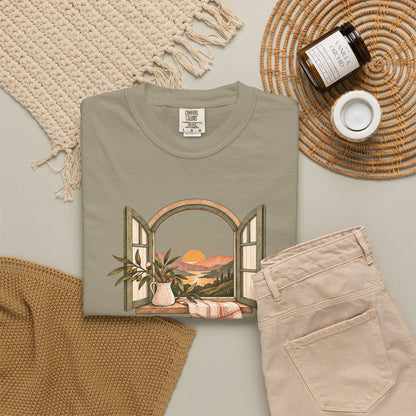 God Is in the Quiet Tee — Scenic Window Sunset Christian T-Shirt