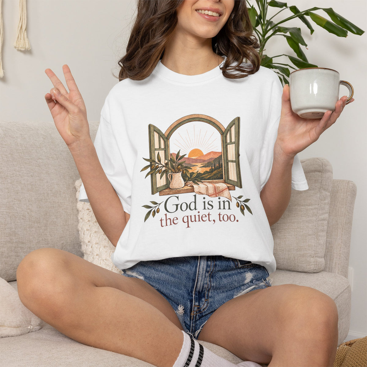 God Is in the Quiet Tee — Scenic Window Sunset Christian T-Shirt