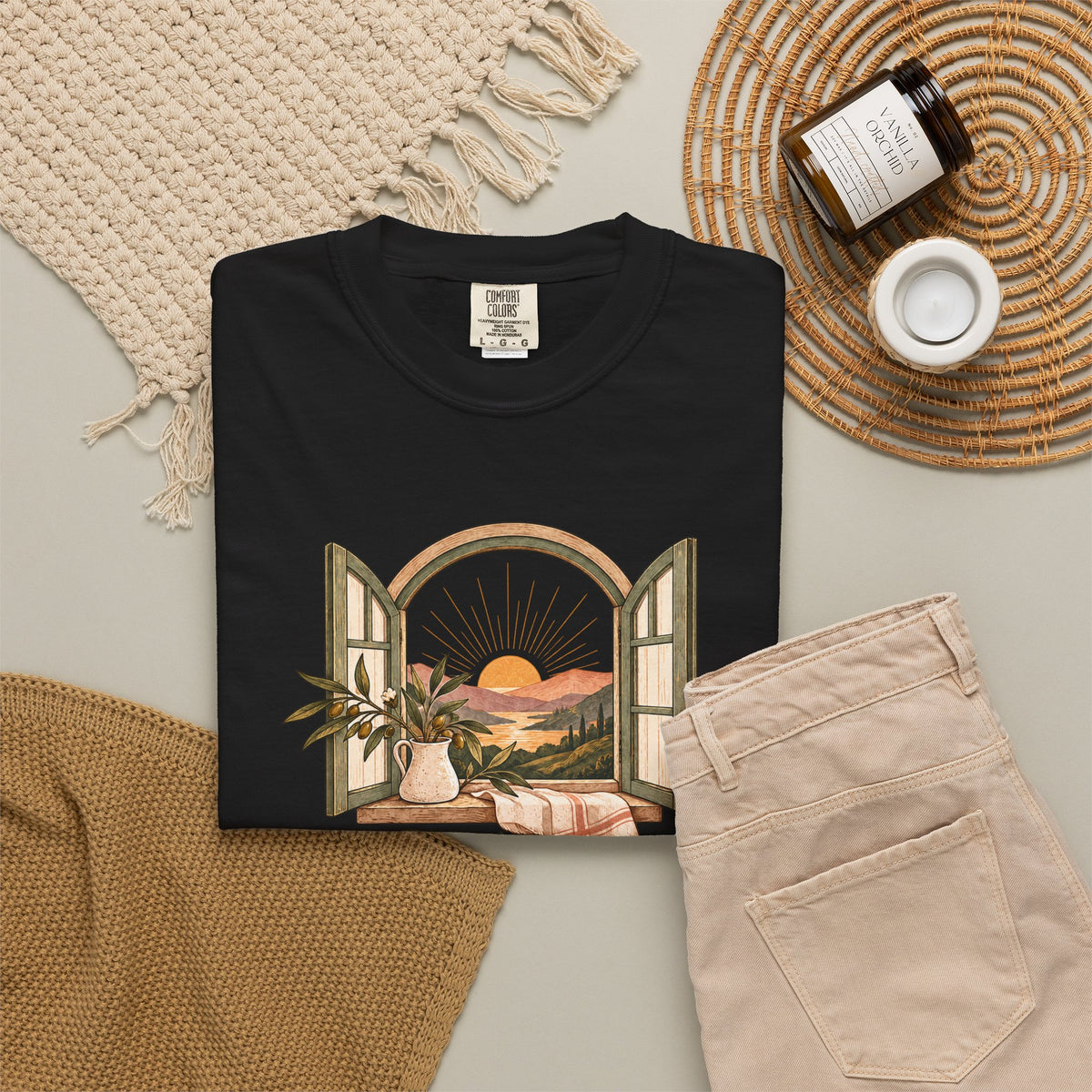 God Is in the Quiet Tee — Scenic Window Sunset Christian T-Shirt
