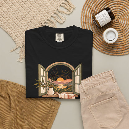 God Is in the Quiet Tee — Scenic Window Sunset Christian T-Shirt