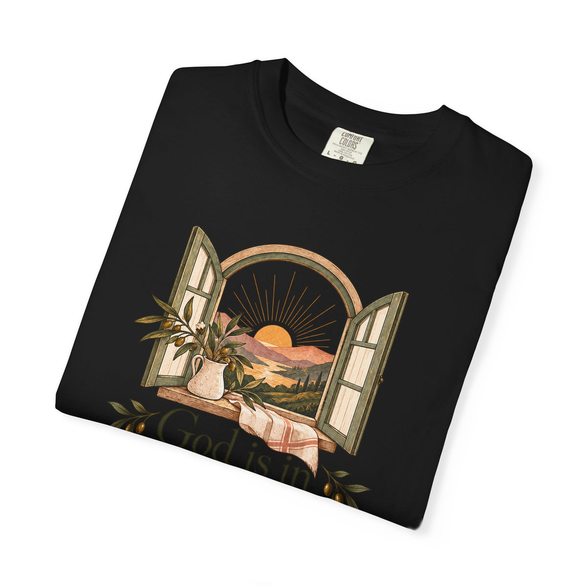 God Is in the Quiet Tee — Scenic Window Sunset Christian T-Shirt