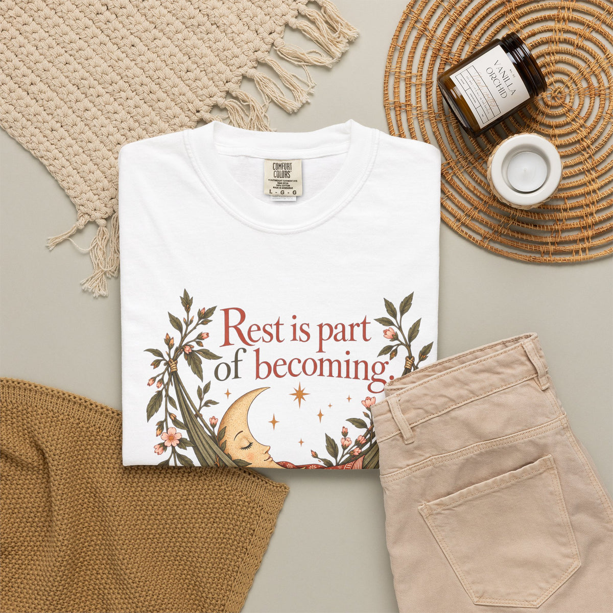 Rest Is Part of Becoming T-Shirt — Relaxation Graphic Tee with Hammock and Floral Design