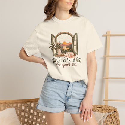 God Is in the Quiet Tee — Scenic Window Sunset Christian T-Shirt