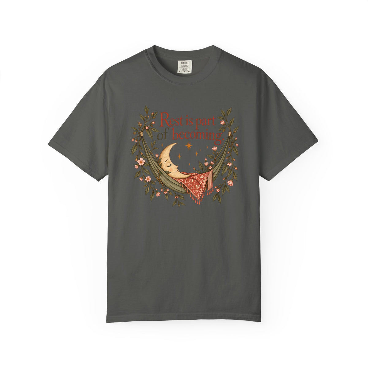 Rest Is Part of Becoming T-Shirt — Relaxation Graphic Tee with Hammock and Floral Design