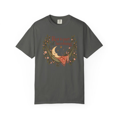 Rest Is Part of Becoming T-Shirt — Relaxation Graphic Tee with Hammock and Floral Design