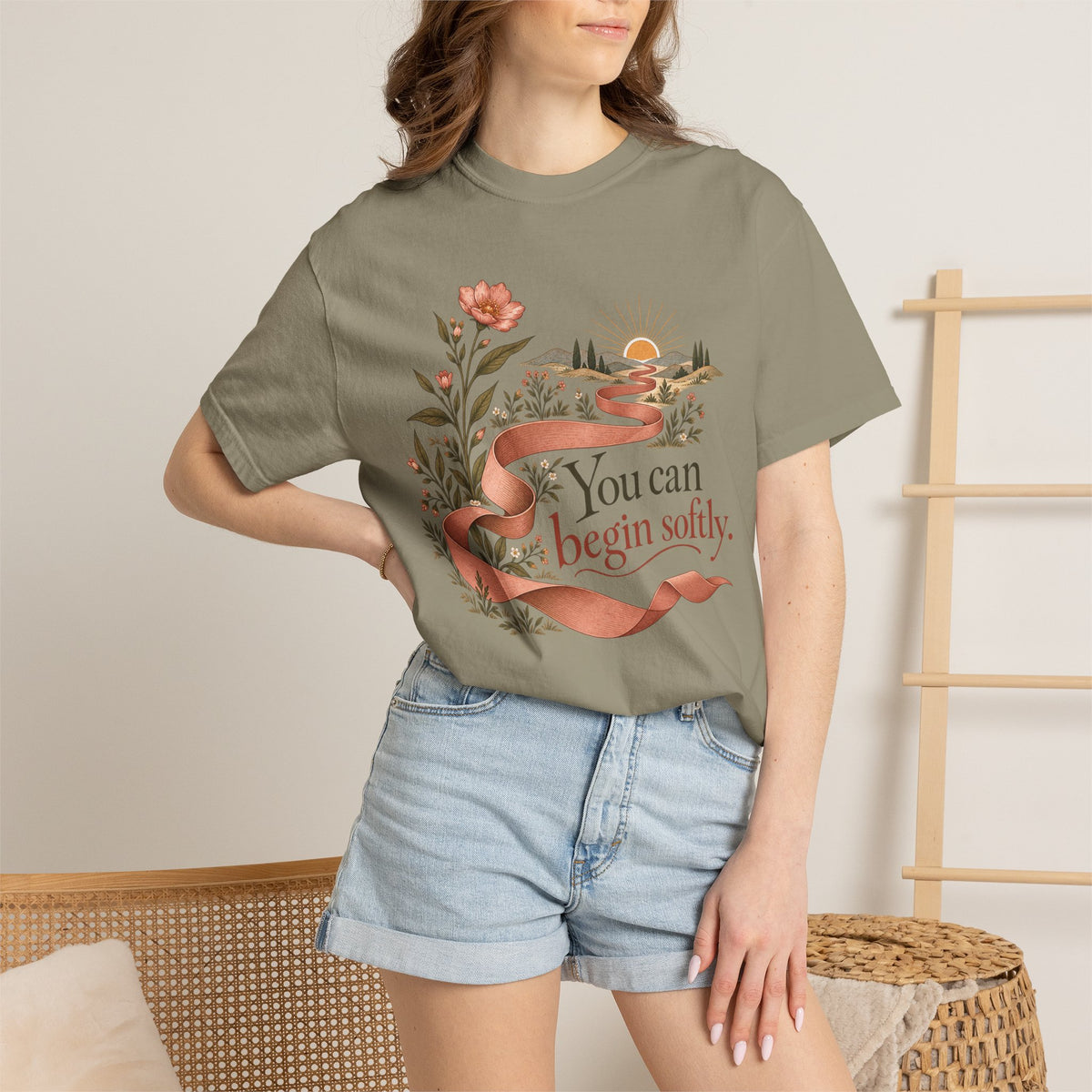 You Can Begin Softly T-Shirt — Inspirational Floral Ribbon Tee