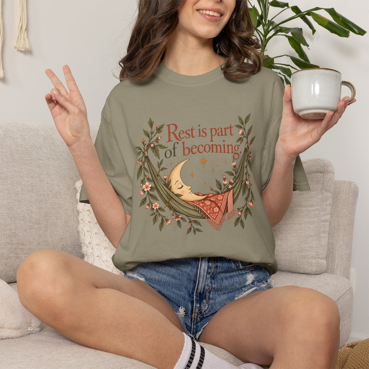 Rest Is Part of Becoming T-Shirt — Relaxation Graphic Tee with Hammock and Floral Design
