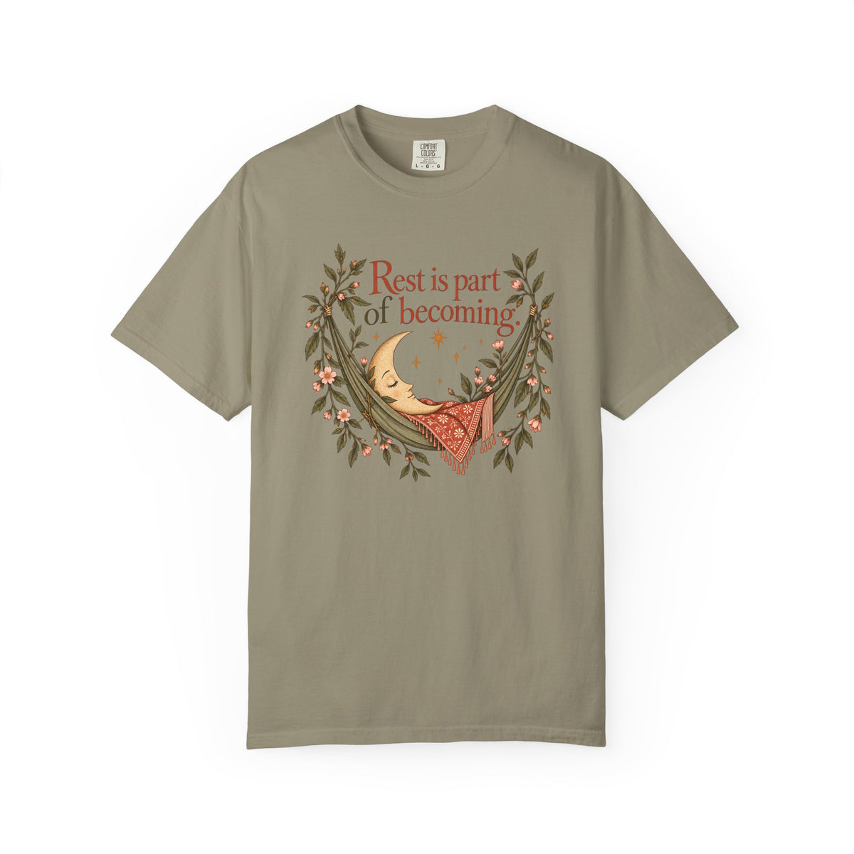Rest Is Part of Becoming T-Shirt — Relaxation Graphic Tee with Hammock and Floral Design