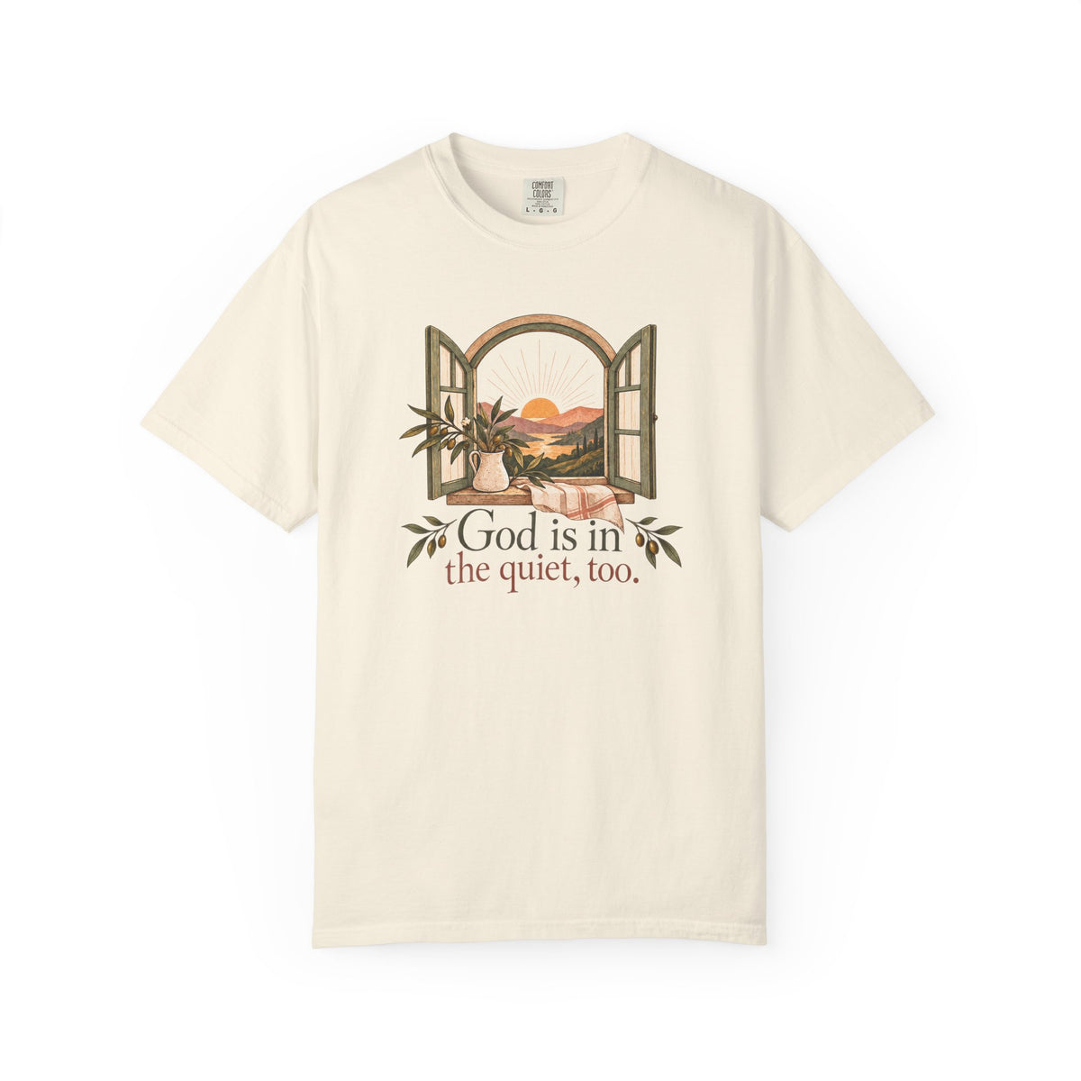 God Is in the Quiet Tee — Scenic Window Sunset Christian T-Shirt