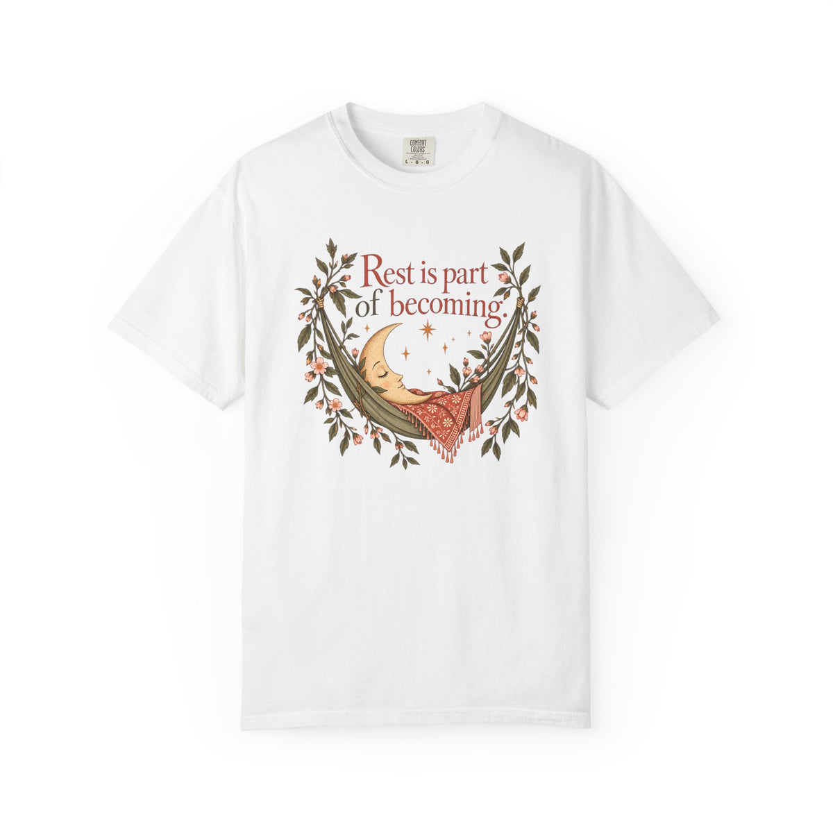 Rest Is Part of Becoming T-Shirt — Relaxation Graphic Tee with Hammock and Floral Design
