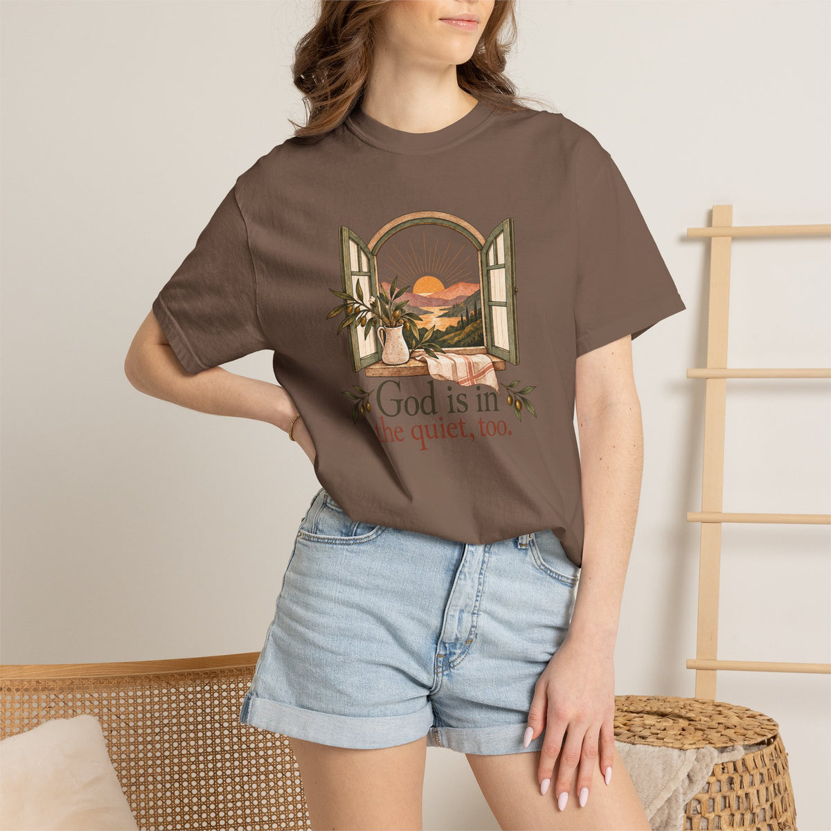 God Is in the Quiet Tee — Scenic Window Sunset Christian T-Shirt