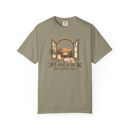 God Is in the Quiet Tee — Scenic Window Sunset Christian T-Shirt
