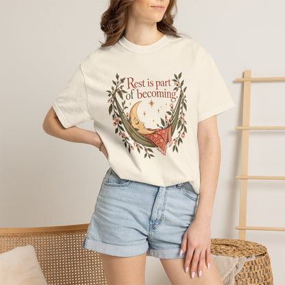 Rest Is Part of Becoming T-Shirt — Relaxation Graphic Tee with Hammock and Floral Design