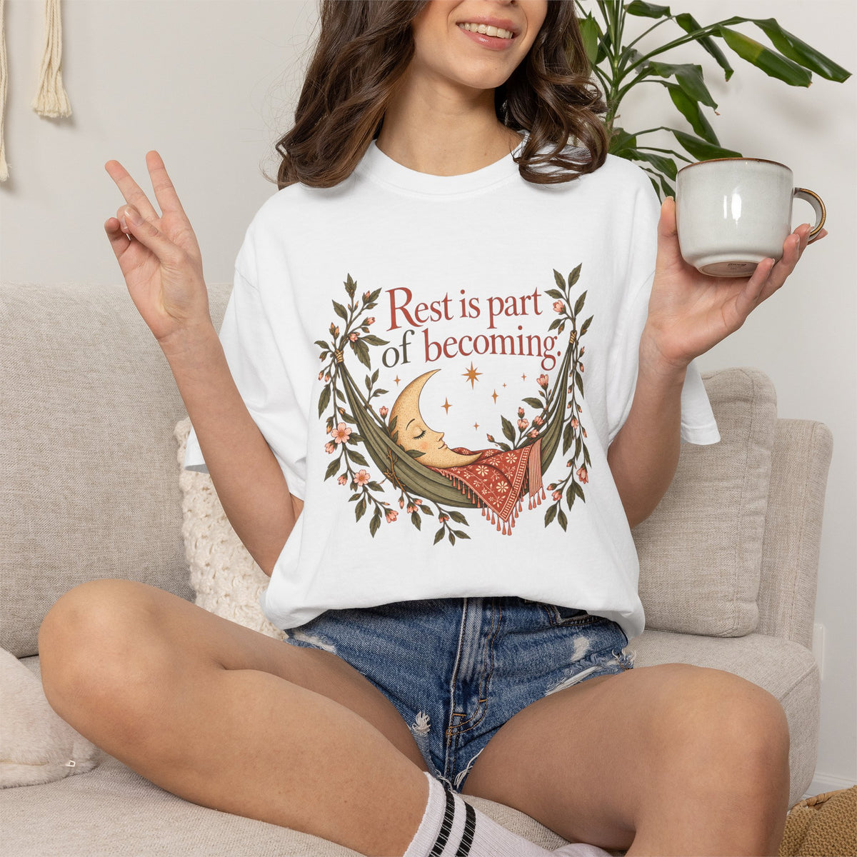 Rest Is Part of Becoming T-Shirt — Relaxation Graphic Tee with Hammock and Floral Design