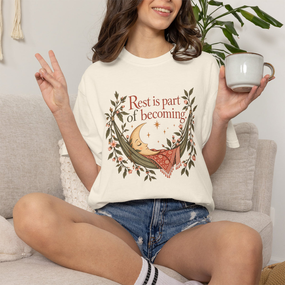 Rest Is Part of Becoming T-Shirt — Relaxation Graphic Tee with Hammock and Floral Design
