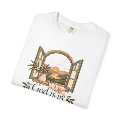 God Is in the Quiet Tee — Scenic Window Sunset Christian T-Shirt