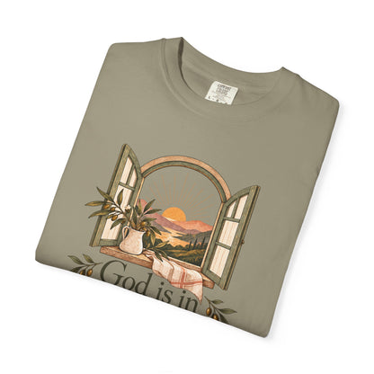God Is in the Quiet Tee — Scenic Window Sunset Christian T-Shirt