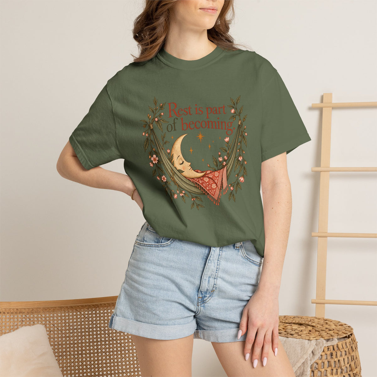 Rest Is Part of Becoming T-Shirt — Relaxation Graphic Tee with Hammock and Floral Design