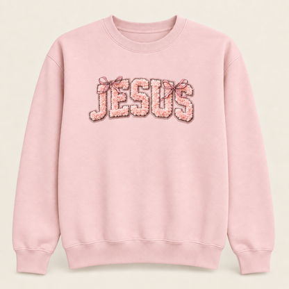 Jesus Bow Graphic Crewneck Sweatshirt, Pink Christian Faith Pullover, Faux Chenille-Style Printed Design