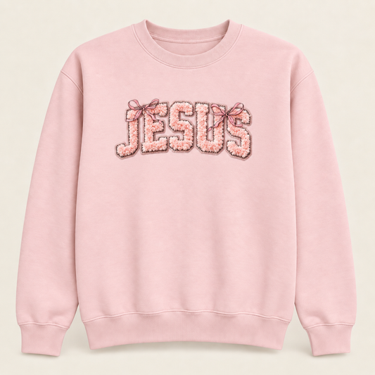 Jesus Bow Graphic Crewneck Sweatshirt, Pink Christian Faith Pullover, Faux Chenille-Style Printed Design