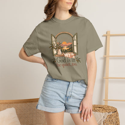 God Is in the Quiet Tee — Scenic Window Sunset Christian T-Shirt