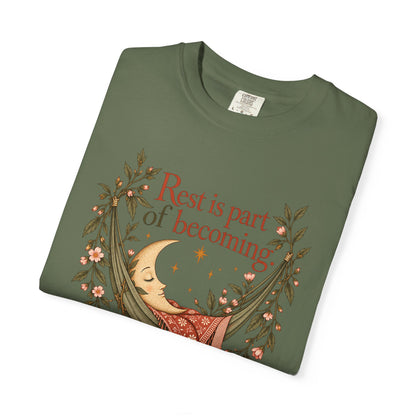Rest Is Part of Becoming T-Shirt — Relaxation Graphic Tee with Hammock and Floral Design