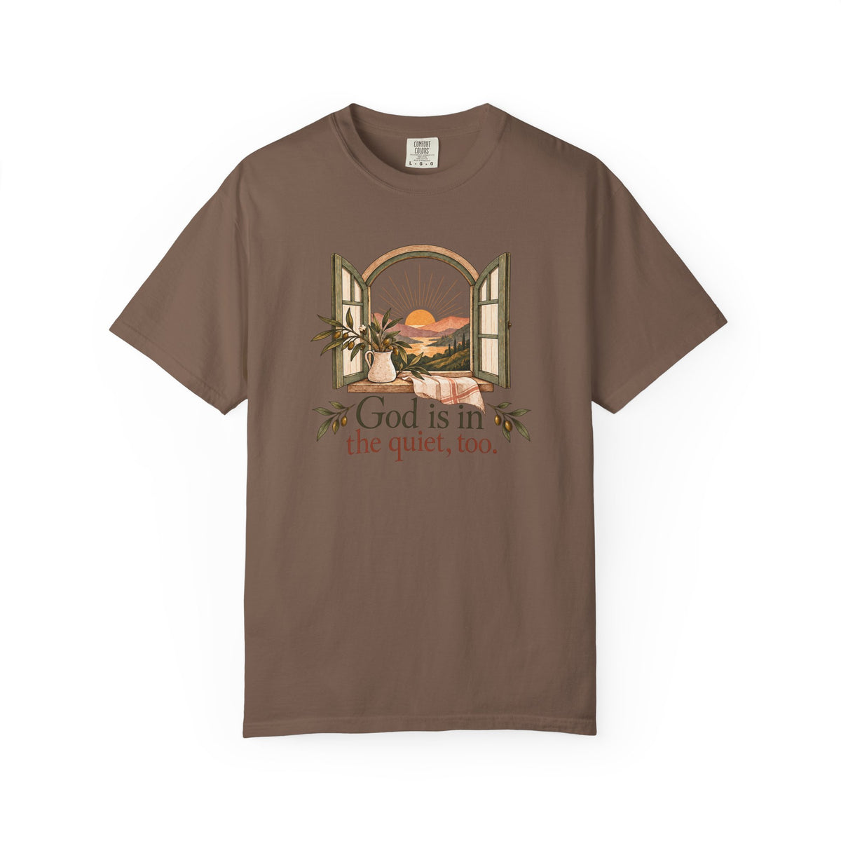 God Is in the Quiet Tee — Scenic Window Sunset Christian T-Shirt