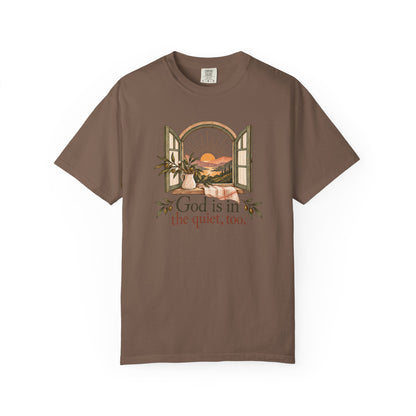 God Is in the Quiet Tee — Scenic Window Sunset Christian T-Shirt