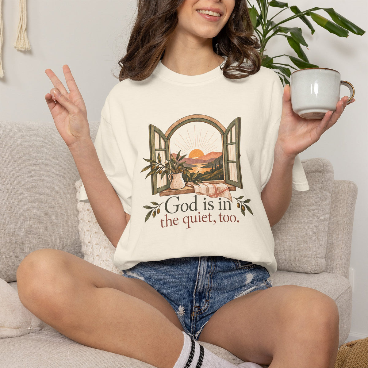 God Is in the Quiet Tee — Scenic Window Sunset Christian T-Shirt