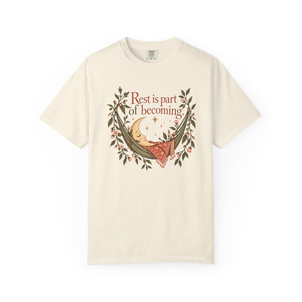 Rest Is Part of Becoming T-Shirt — Relaxation Graphic Tee with Hammock and Floral Design