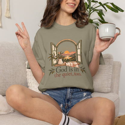 God Is in the Quiet Tee — Scenic Window Sunset Christian T-Shirt