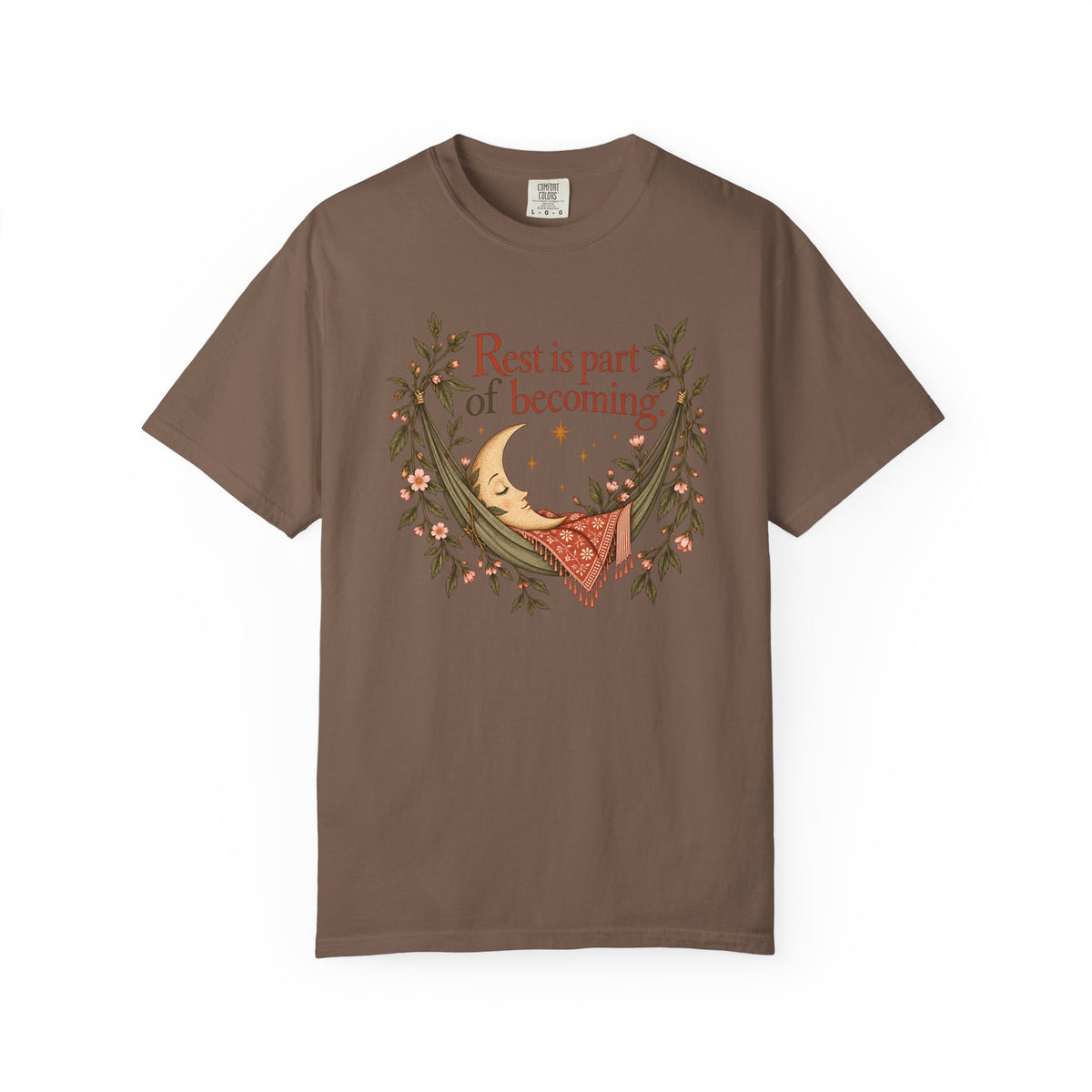 Rest Is Part of Becoming T-Shirt — Relaxation Graphic Tee with Hammock and Floral Design
