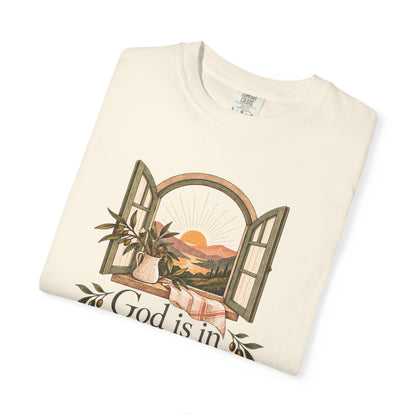 God Is in the Quiet Tee — Scenic Window Sunset Christian T-Shirt