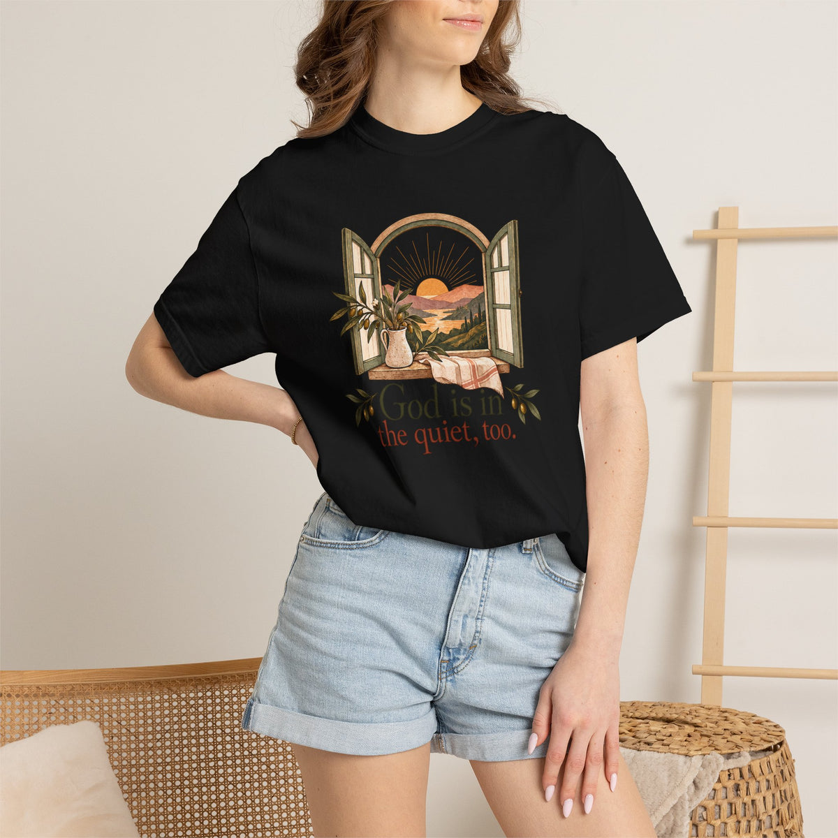 God Is in the Quiet Tee — Scenic Window Sunset Christian T-Shirt