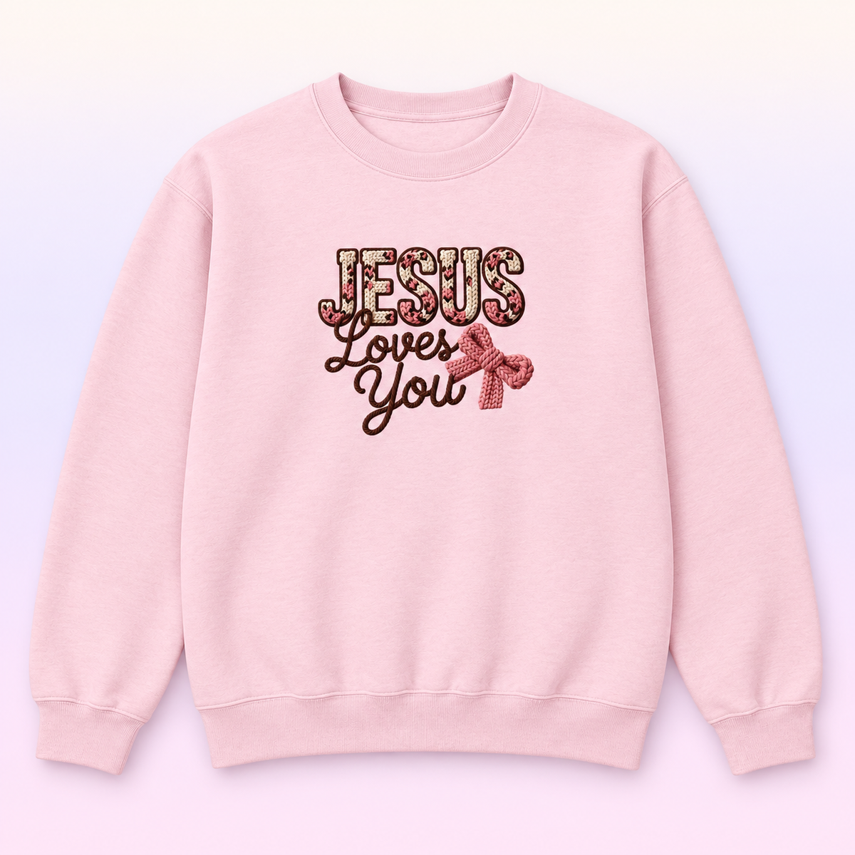 Jesus Loves You Christian Crewneck Sweatshirt – Faux Knit Bow Faith Pullover