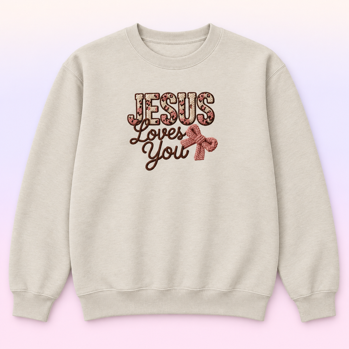 Jesus Loves You Christian Crewneck Sweatshirt – Faux Knit Bow Faith Pullover
