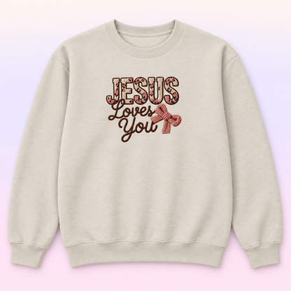 Jesus Loves You Christian Crewneck Sweatshirt – Faux Knit Bow Faith Pullover