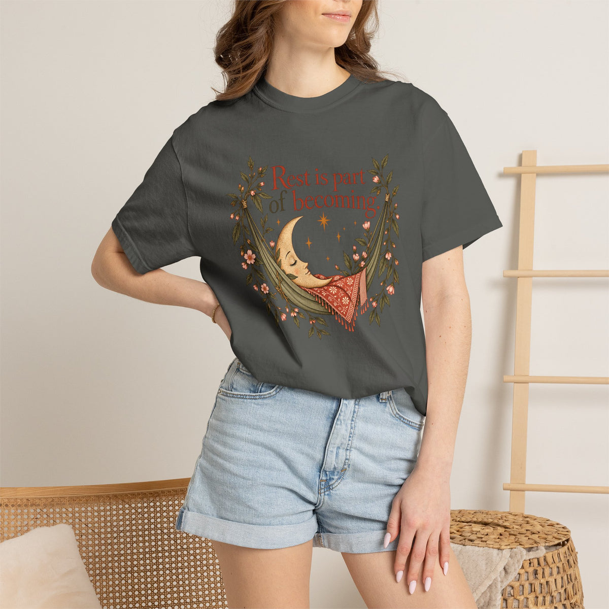 Rest Is Part of Becoming T-Shirt — Relaxation Graphic Tee with Hammock and Floral Design