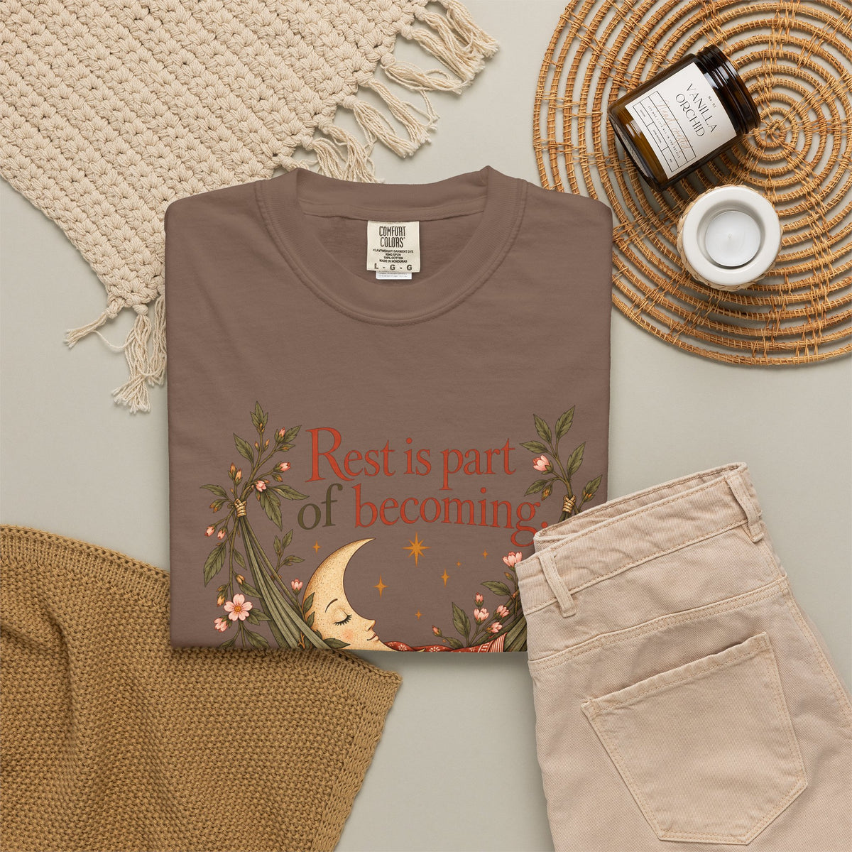 Rest Is Part of Becoming T-Shirt — Relaxation Graphic Tee with Hammock and Floral Design