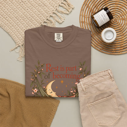 Rest Is Part of Becoming T-Shirt — Relaxation Graphic Tee with Hammock and Floral Design